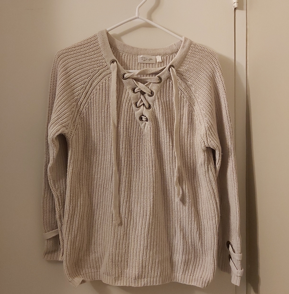 Rd Style Lace Up Beige Cotton Blend Sweater, Size Small (S)